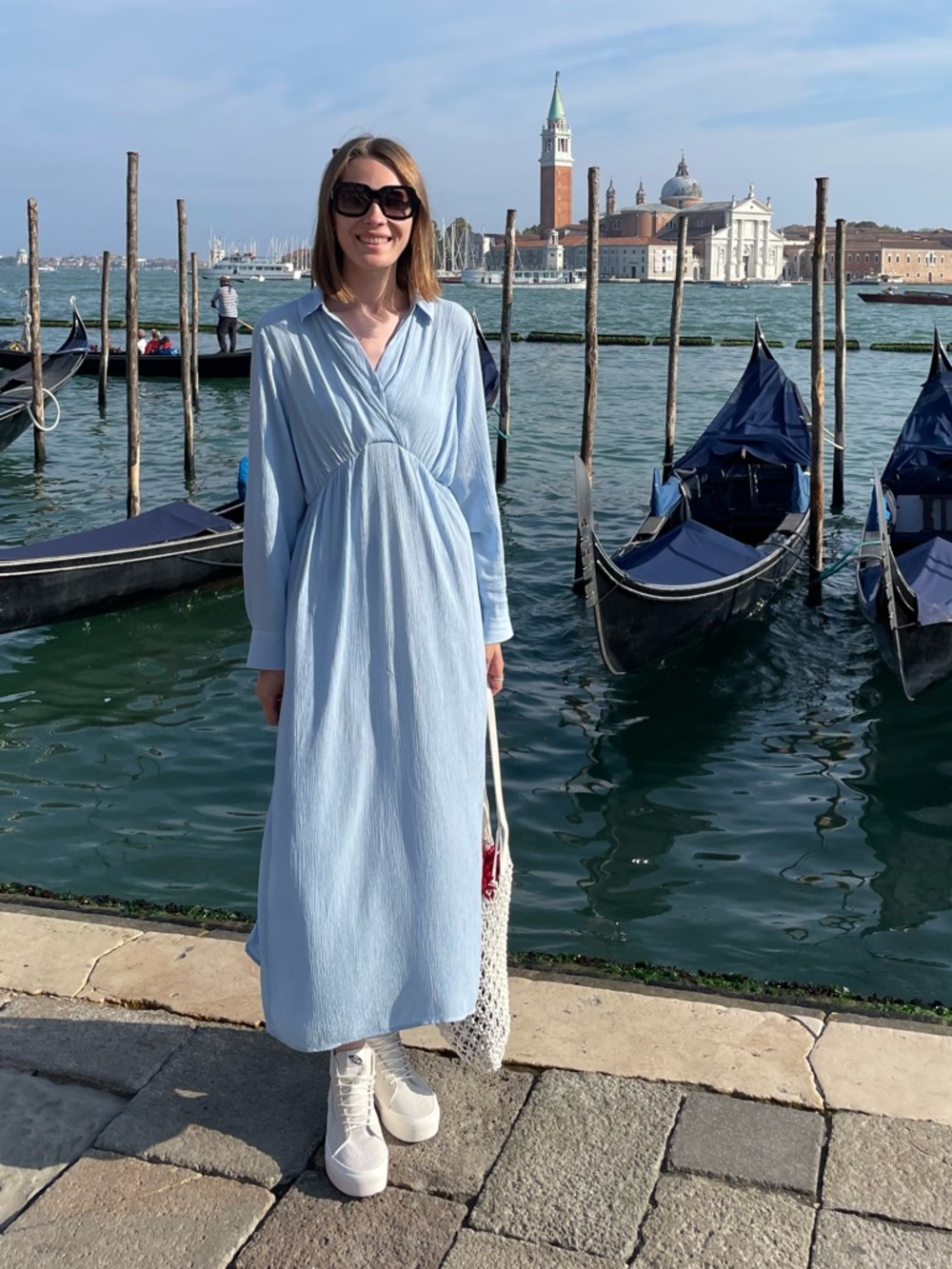 H&M Light Blue Maxi Dress with V-Neck and Long Sleeves